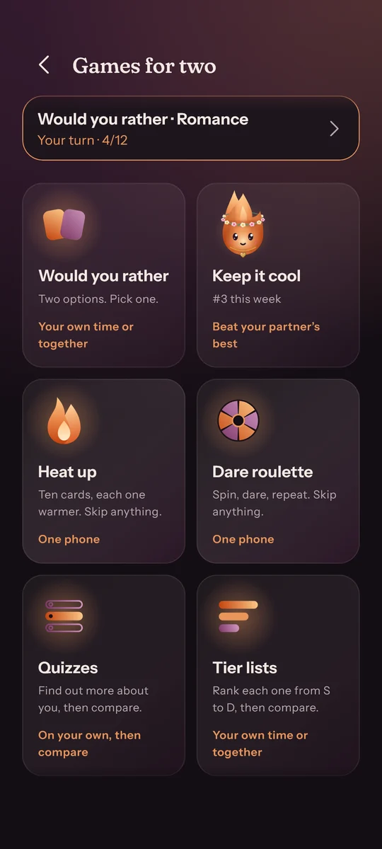 Games for two: Heat up, Dare roulette, Would you rather, tier lists and more
