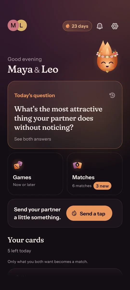Today: the couple's daily question, games, matches and the day's cards