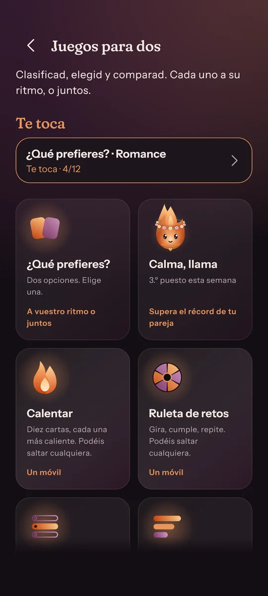 Juegos para dos: Calentar, Ruleta de retos, ¿Qué prefieres?, tier lists y más