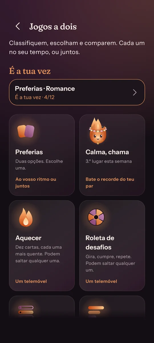 Jogos a dois: Aquecer, Roleta de desafios, Preferias, tier lists e mais