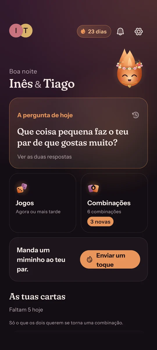 Hoje: a pergunta do dia do casal, jogos, combinações e as cartas do dia